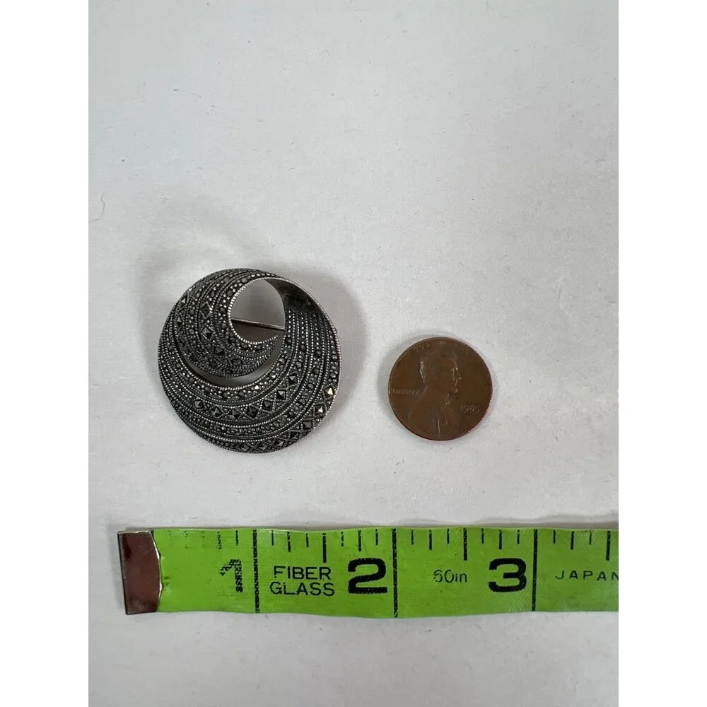 Jewelry Vintage 925 Sterling Silver Marcasite Swirl Brooch Pin 20s Art Deco Core - Picture 3 of 9